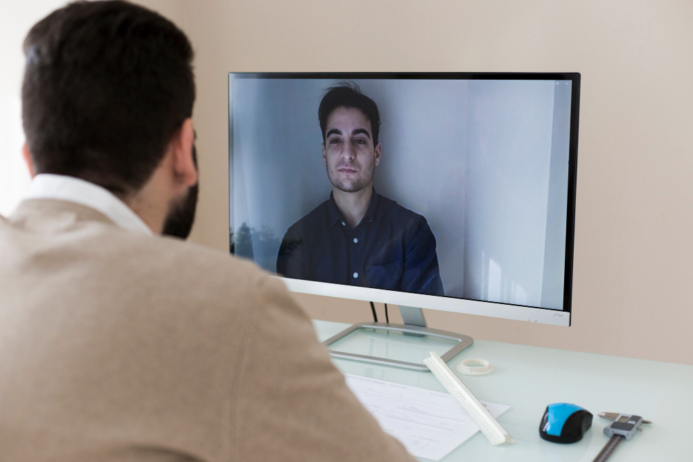 Man speaking with employee by video
